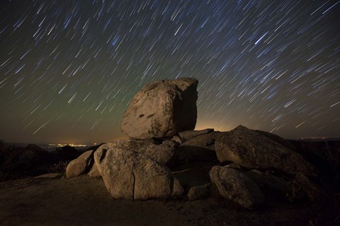 Framed Star trails and large boulders Anza Borrego Desert State Park, California Print
