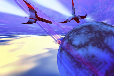 Framed Two spacecraft fly back to their home planet after a mission Print