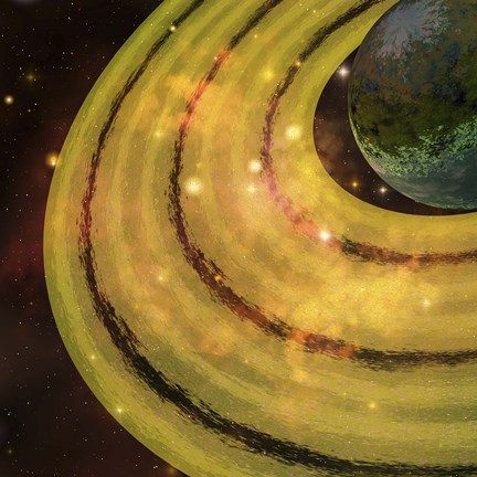 Framed golden ring system encircles this planet out in the galaxy Print