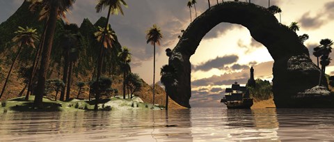 Framed ship sails under the entrance to a beautiful valley Print