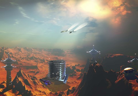 Framed Two aircraft fly over an enemy base of operations Print