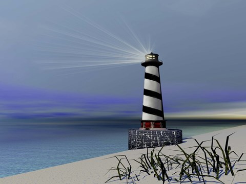 Framed lighthouse sends out a light to warn vessels Print