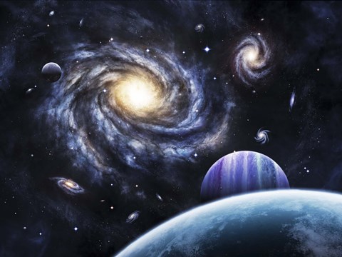 Framed view to a nearby galaxy from a gas giant and it&#39;s system of moons Print