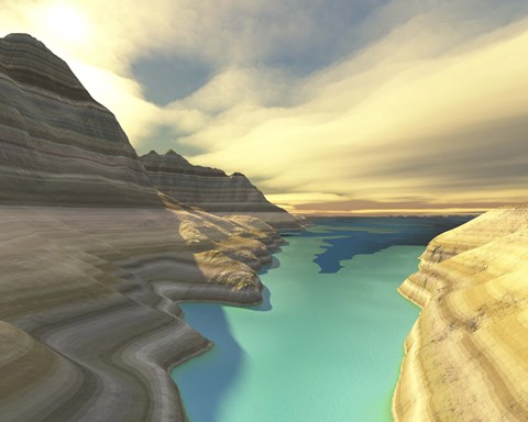 Framed blue shadow falls across the turquoise river waters of this canyon Print