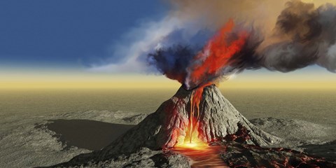 Framed active volcano belches smoke and molten red lava in an eruption Print