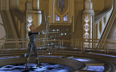 Framed woman in military uniform using a holographic control center Print