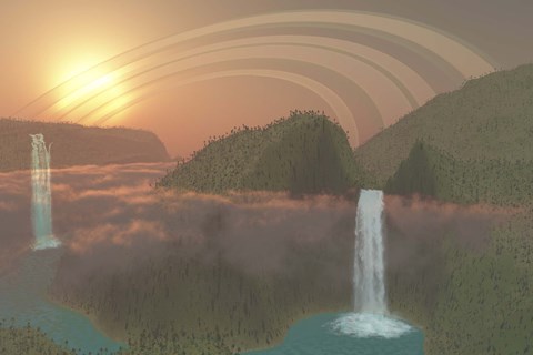 Framed Lush tropical jungle, river systems and waterfalls on an alien planet Print