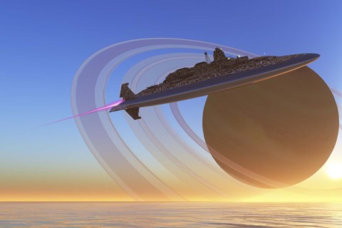 Framed spaceship blasts itself into orbit after exploring one of Saturn&#39;s moons called Titan Print