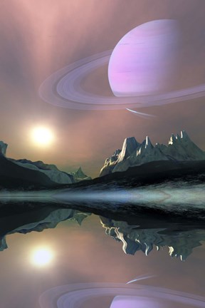 Framed planet Saturn lights up the sky of one of its moons called Titan Print