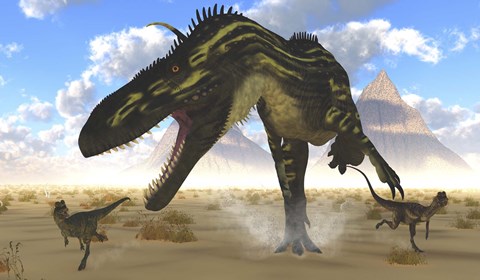 Framed gigantic Torvosaurus chasing two Dilophosaurus Print