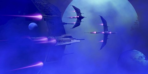 Framed Starships blast past a blue planet and its moons Print