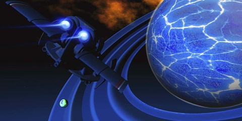 Framed spacecraft flies near an ice planet and its rings Print