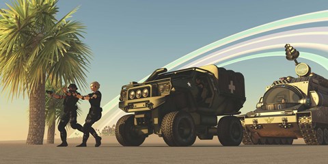 Framed Two Special Forces personnel draw their guns on a distant planet Print