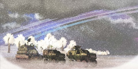 Framed military convoy in a sever winter storm on an alien planet Print