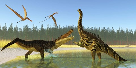 Framed Kaprosuchus reptile confronts an Agustinia dinosaur Print