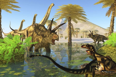 Framed Two Dilong dinosaurs guard their nest from a Coahuilaceratops Print