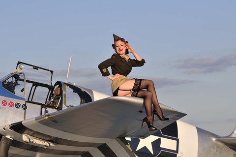 Framed Pin-up girl sitting on the wing of a P-51 Mustang Print
