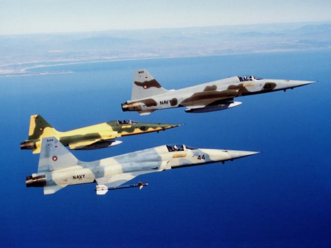 Framed Three F-5E Tiger II fighter aircraft in flight Print