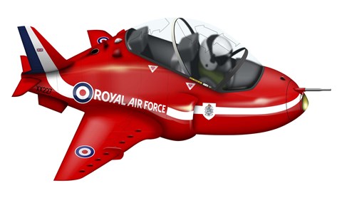 Framed Cartoon illustration of a Royal Air Force Red Arrows Hawk airplane Print