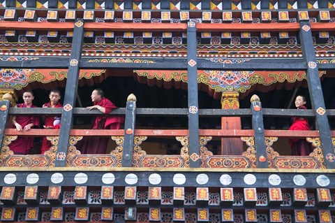 Framed Monks in the Kichu Lhakhang Dzong, Paro, Bhutan Print