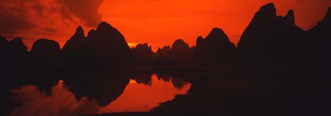 Framed Panoramic of Guilin, Yangshao Li River, Limestone Mountains, China Print