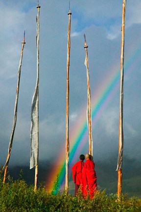 Framed Rainbow and Monks with Praying Flags, Phobjikha Valley, Gangtey Village, Bhutan Print