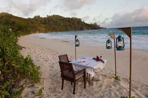 Framed Private dinner on the beach at Banyan Tree Resort, Mahe Island, Seychelles Print