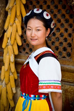 Framed Naxi Minority Woman in Traditional Ethnic Costume, China Print