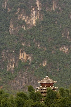 Framed Pagoda and giant karst peak behind, Yangshuo Bridge, China Print