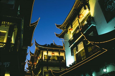 Framed Night View of Traditional Architecture at Yuyuan Bazaar, Shanghai, China Print