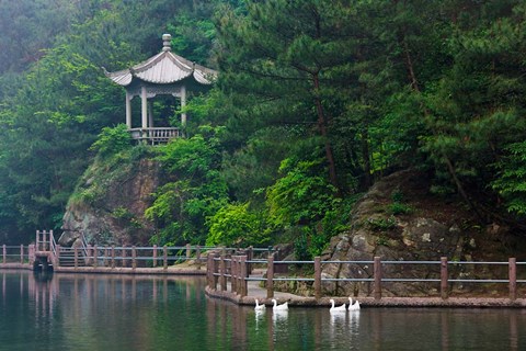 Framed Pavilion with lake in the mountain, Tiantai Mountain, Zhejiang Province, China Print