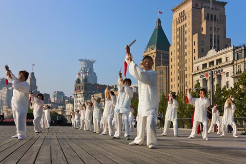 Framed People practicing Taiji with sword on the Bund in the morning, Shanghai, China Print