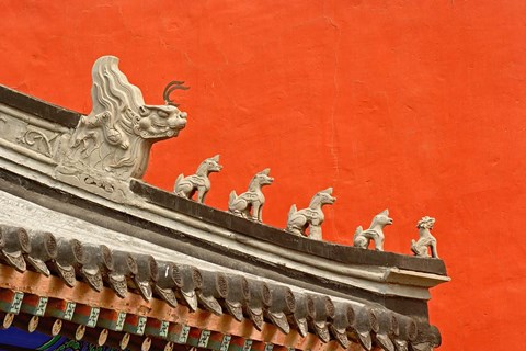 Framed Rooftop figures and colorful wall, Forbidden City, Beijing, China Print