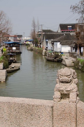Framed Stone lion on bridge, Zhujiajiao, Shanghai, China Print