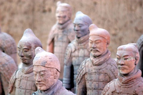 Framed Terra Cotta Warrior Heads, Xian, Shaanxi, China Print