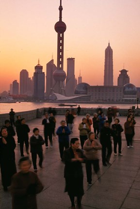Framed Tai-Chi on the Bund, Oriental Pearl TV Tower and High Rises, Shanghai, China Print