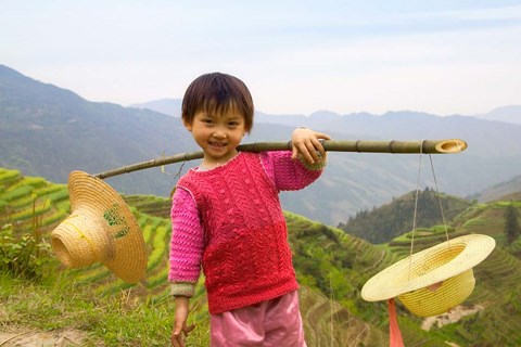 Framed Young Girl Carrying Shoulder Pole with Straw Hats, China Print