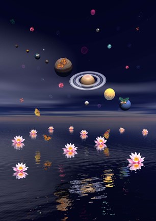 Framed Planets of the solar system surrounded by lotus flowers and butterflies Print