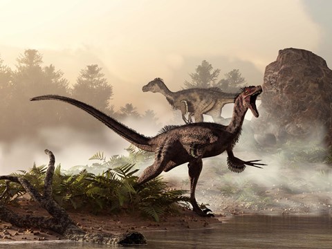 Framed pair of velociraptors patrol the shore of an ancient lake Print
