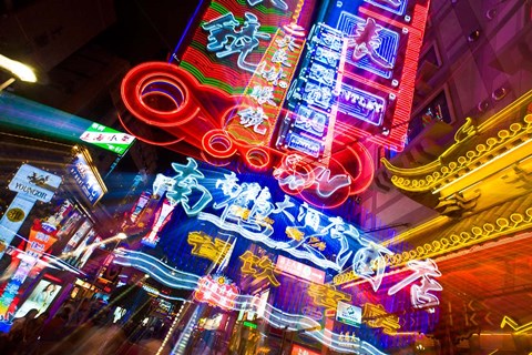 Framed China, Shanghai, Nanjing Road, Neon signs Print