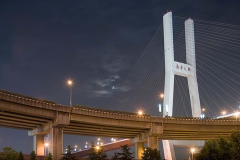 Framed Full Moon Rises Above Nanpu Bridge over Huangpu River, Shanghai, China Print