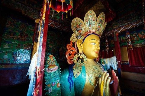 Framed Golden Maitreya Buddha, Thiksey Monastery, Thiksey, Ladakh, India Print