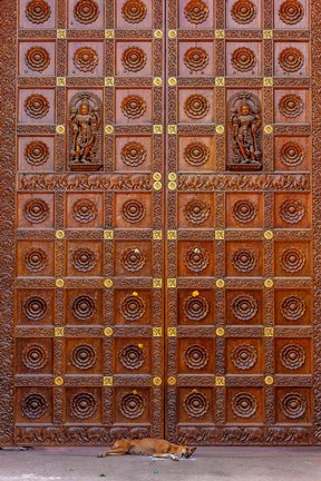 Framed Dog and Door at Temple in Sai Baba ashram, India Print