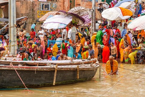 Framed Worshipping Pilgrims on Ganges River, Varanasi, India Print