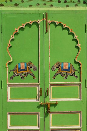 Framed Elephants painted on green door, City Palace, Udaipur, India Print