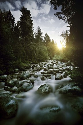 Framed Small river flowing over large stones at sunset, Pirin National Park, Bulgaria Print