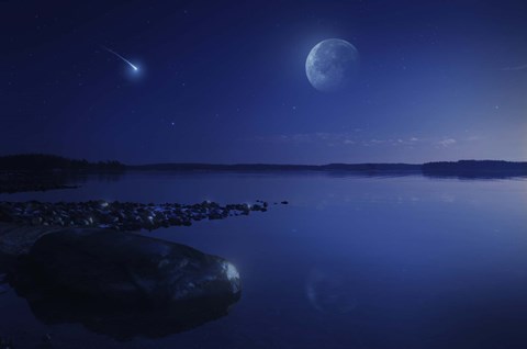 Framed Starry sky, moon and falling meteorite over a lake, Finland Print
