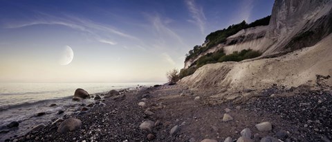 Framed Tranquil seaside and Mons Klint cliffs against rising moon, Denmark Print
