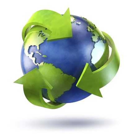 Framed 3D Rendering of planet Earth surrounded by the recycle symbol Print