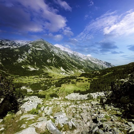 Framed green valley through Pirin Mountains, Pirin National Park, Bulgaria Print
